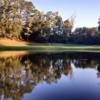 A view over the water of a hole at Duke University Golf Club.
