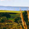 Surrounded by water and sand bunkers.