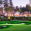 A view of a green protected by bunkers at Wade Hampton Golf Course.